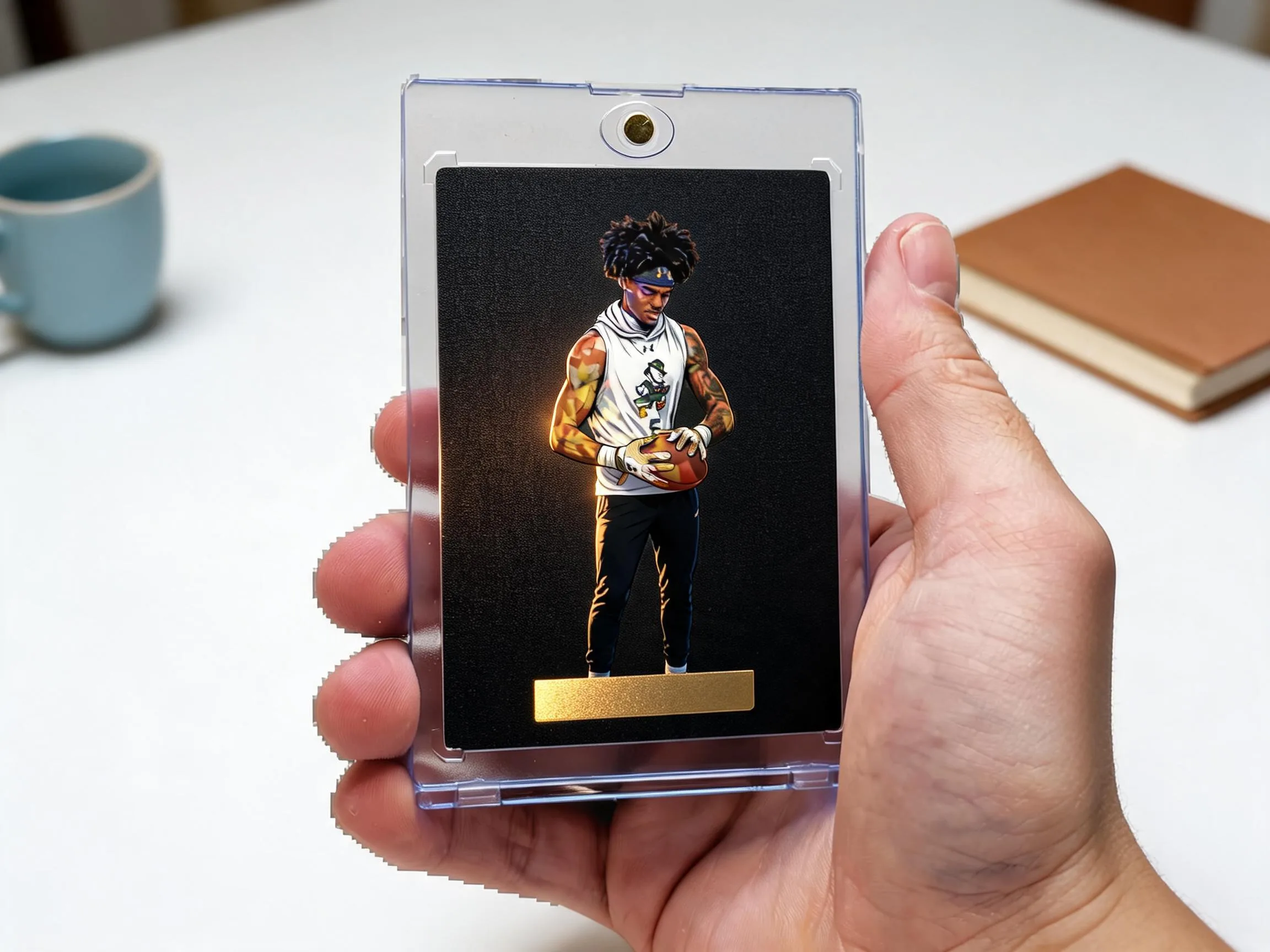 Custom keepsake trading card in magnetic case displayed on white tabletop surface.