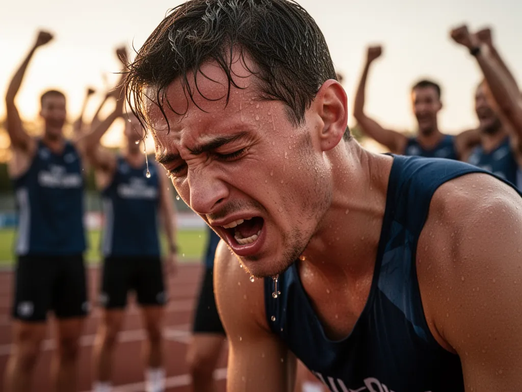 Exhausted athlete breathing heavily after intense competition with supportive teammates blurred in background