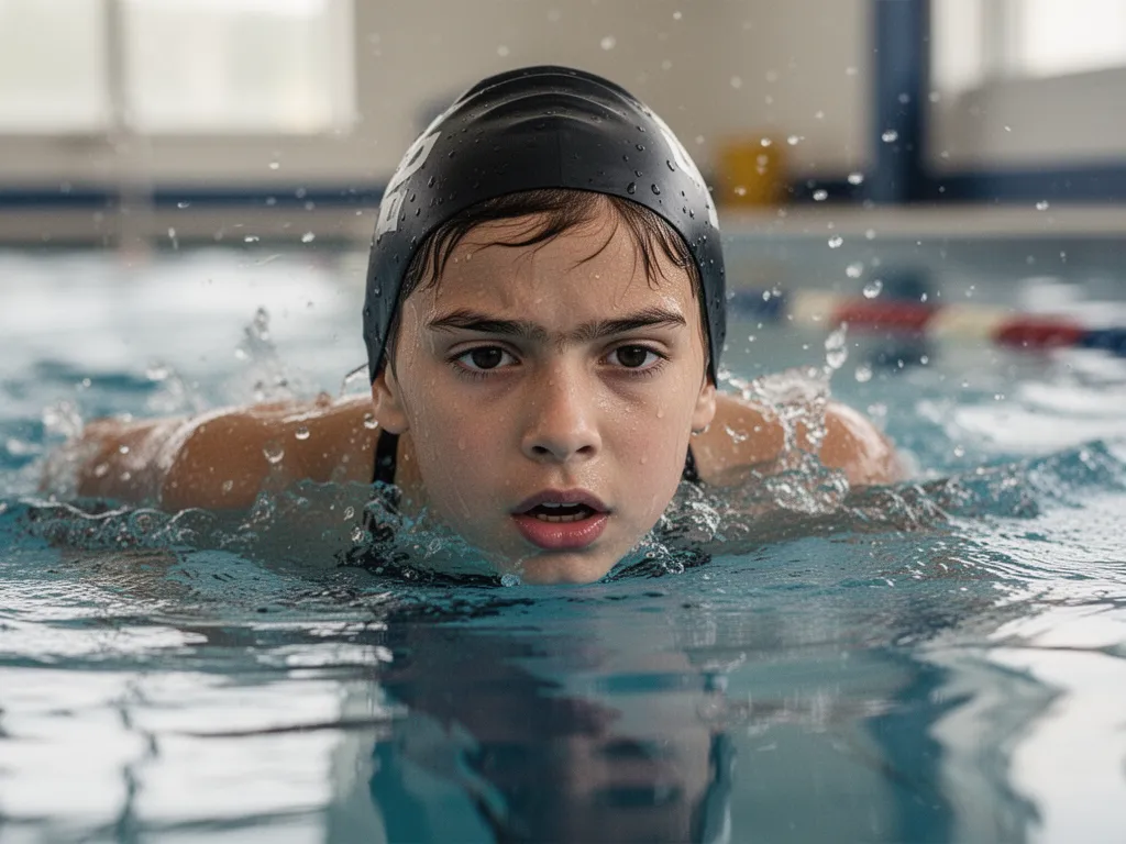 Young athlete's focused expression as they swim through pool water with natural light reflection