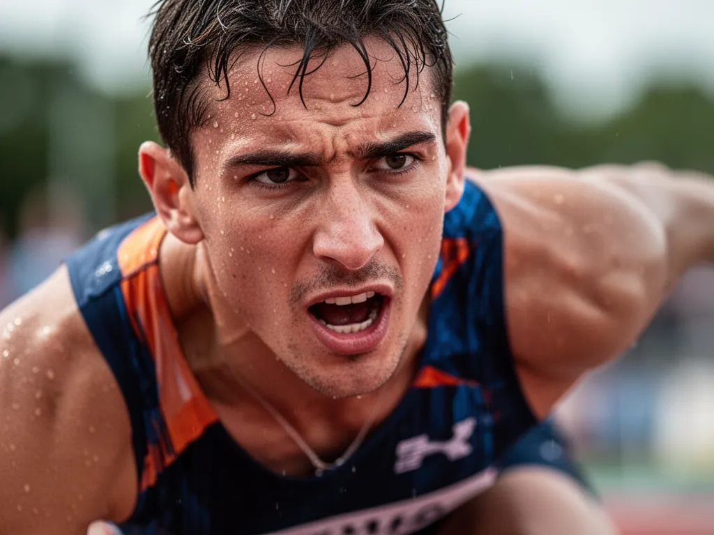 Athlete's concentrated expression and physical form during intense competitive moment outdoors