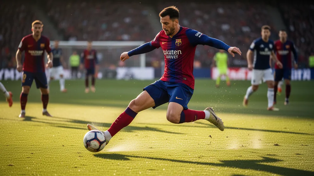 Soccer player executing powerful kick during competitive match with dynamic motion and natural outdoor lighting