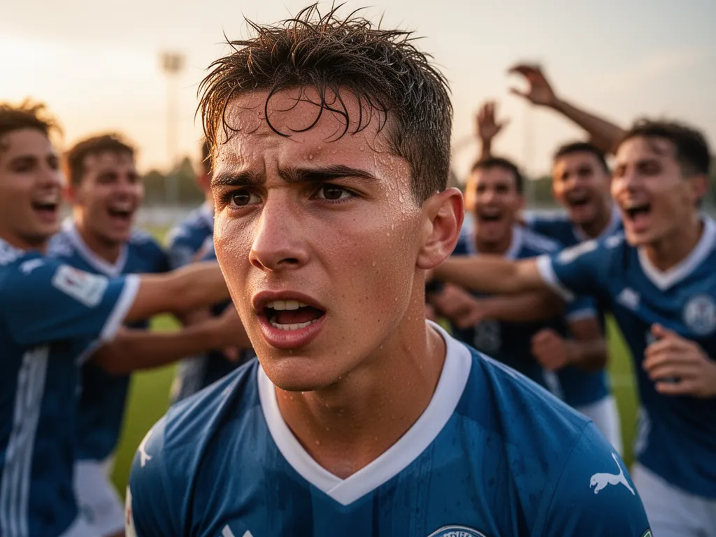 Young athlete's emotional expression of joy and determination after scoring goal with celebrating teammates