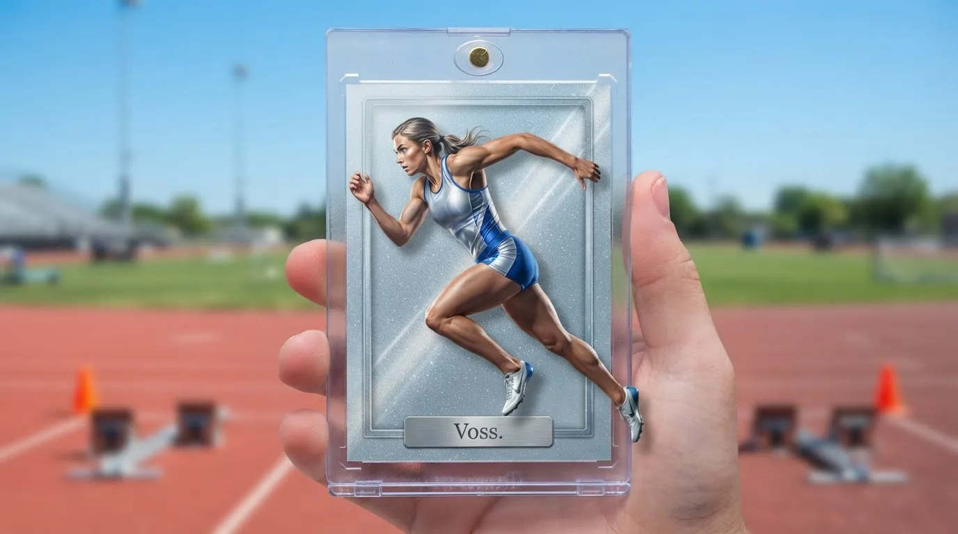 Hand holding magnetic case with sports photography software trading card featuring frozen mid-stride sprinter design.