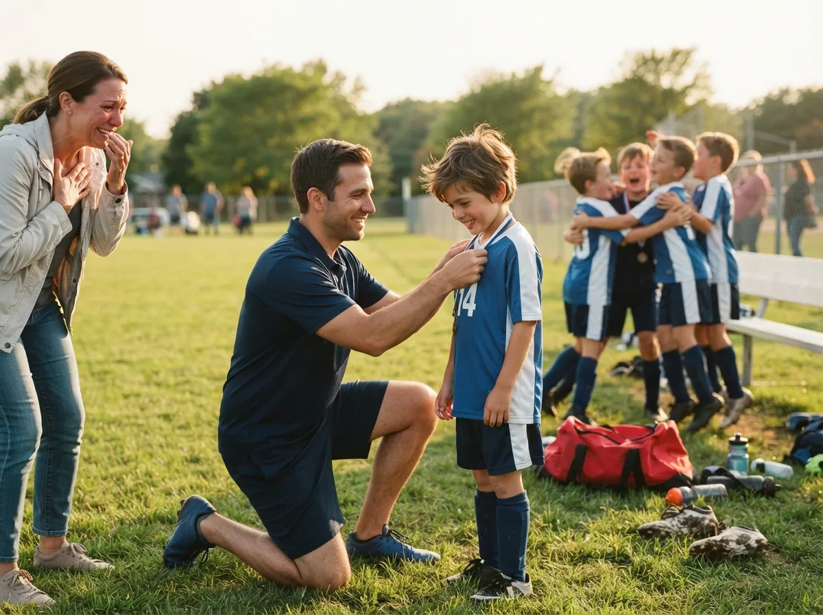 Coach shares proud moment with young athlete on field as parent and teammates celebrate nearby.