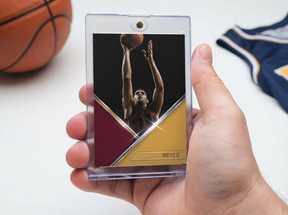 Custom sports trading card in magnetic case showing basketball player with diagonal color-block frame.
