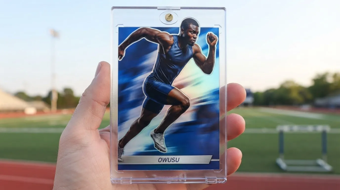 Hand holding magnetic case with sports photography solution trading card of a sprinting athlete.