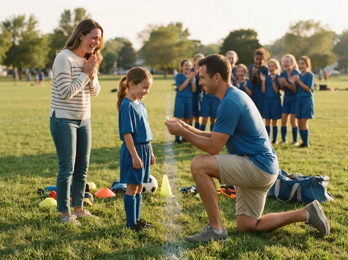 Coach shares a proud emotional moment with young athlete as parent and team look on.