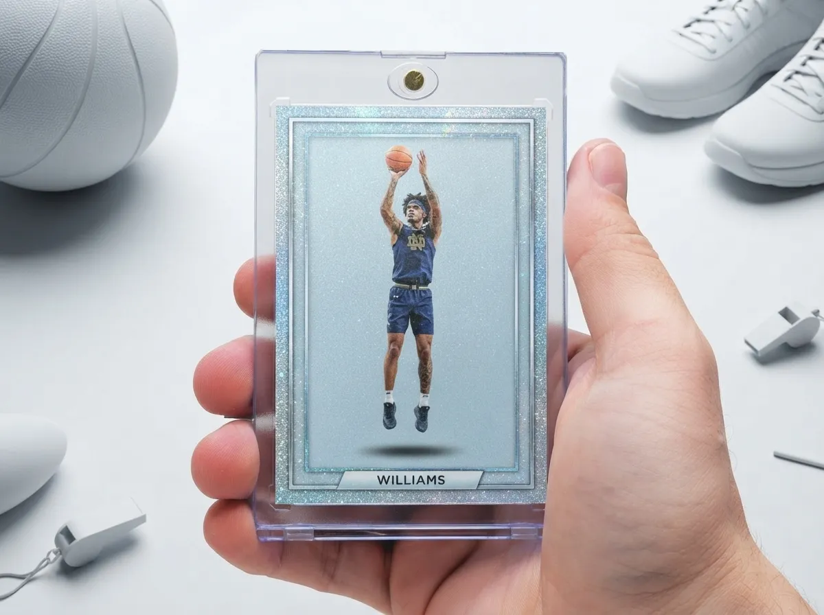 Custom sports trading card in magnetic case showing a frozen mid-jump basketball action shot.
