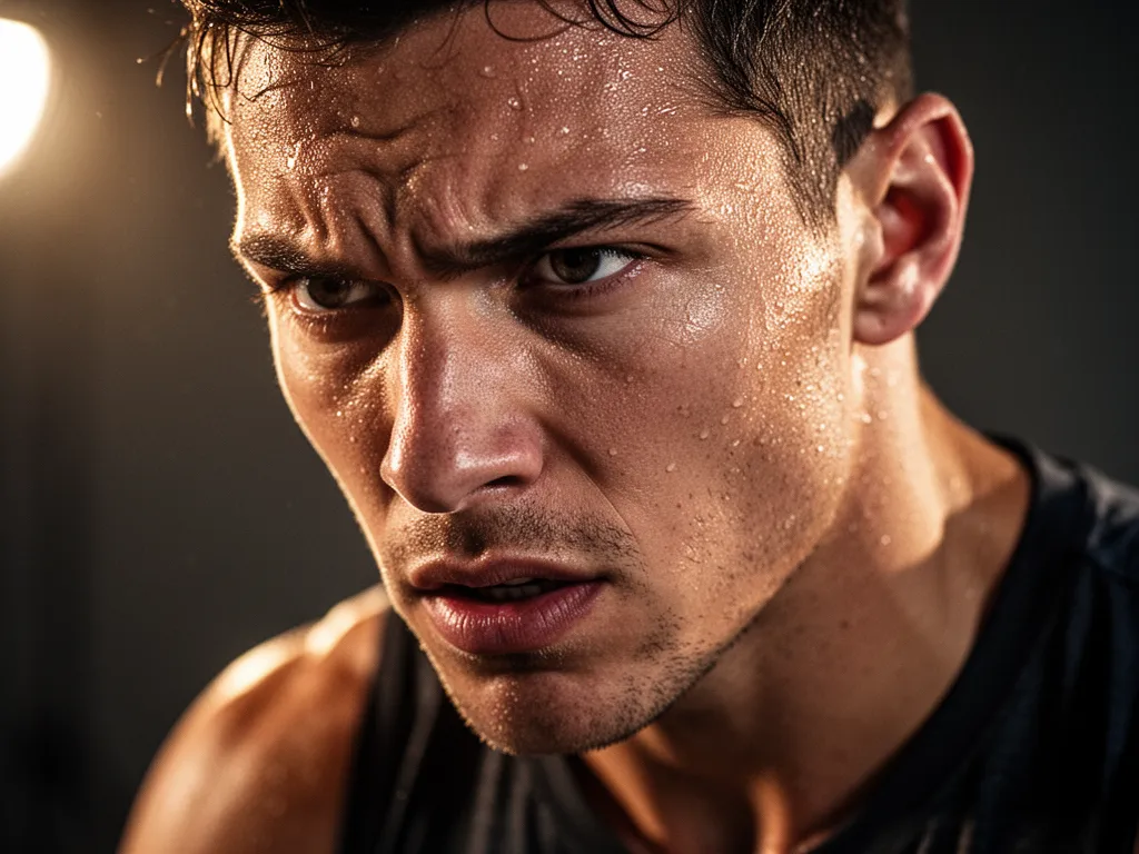 Close-up portrait of determined athlete showing intensity and focus during intense training session