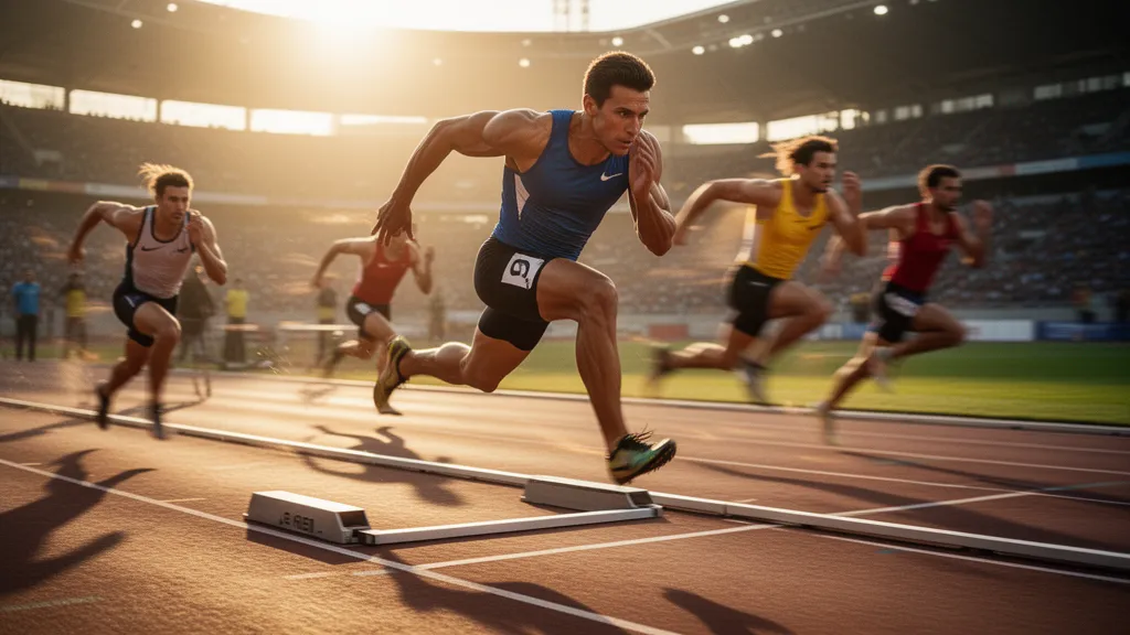 Sprint athlete launching from starting blocks with competitors racing behind in stadium lighting