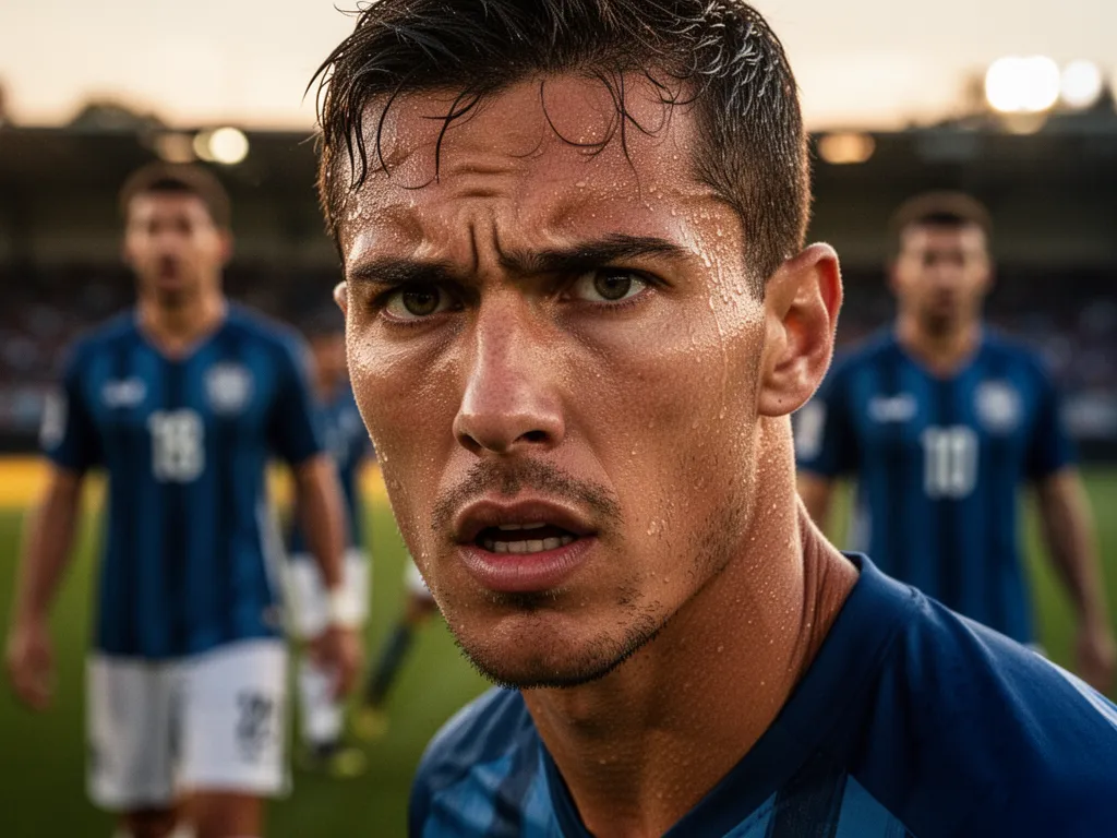 Soccer player's concentrated face during intense match play with teammates visible in soft focus
