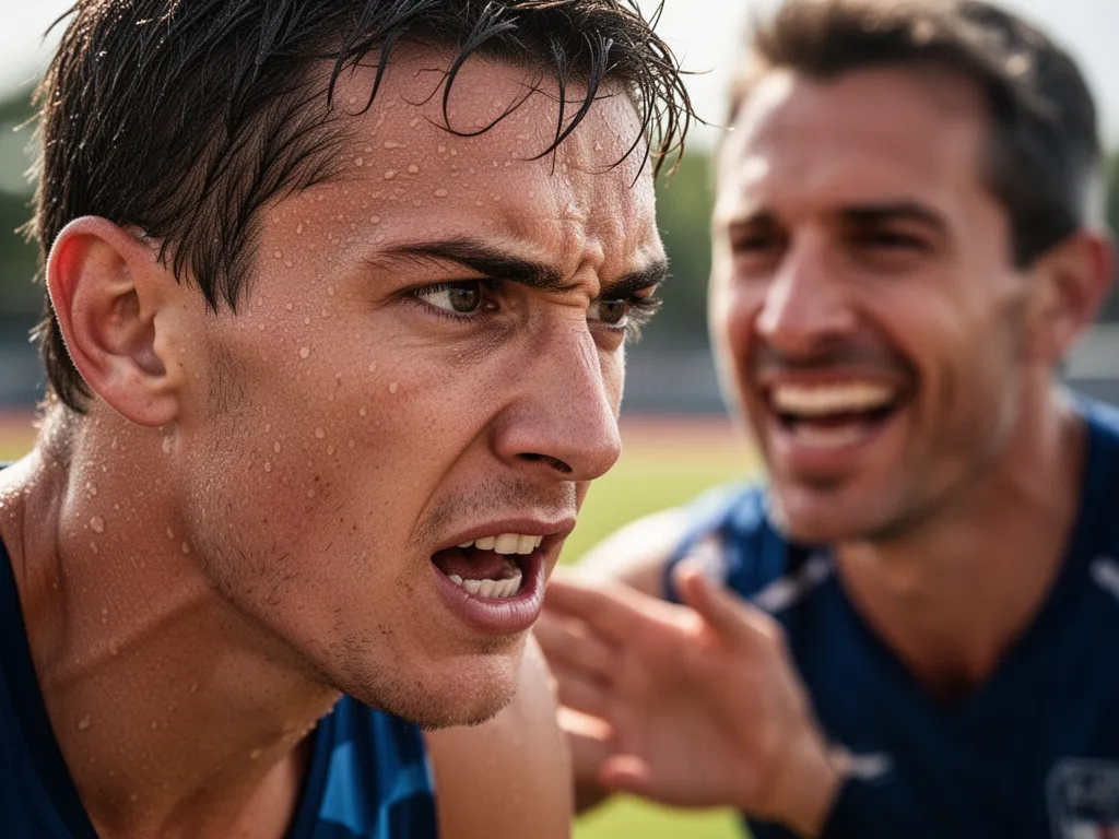 Close-up of focused athlete's face showing determination with coach encouragement visible in soft-focused background.