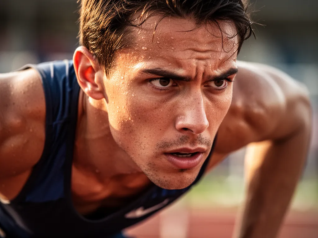 Close-up of athlete's concentrated face showing determination and intensity during competitive sports performance.
