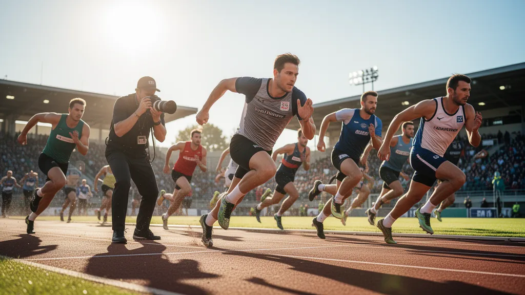 Sports photographer captures multiple athletes in dynamic outdoor competition under natural sunlight