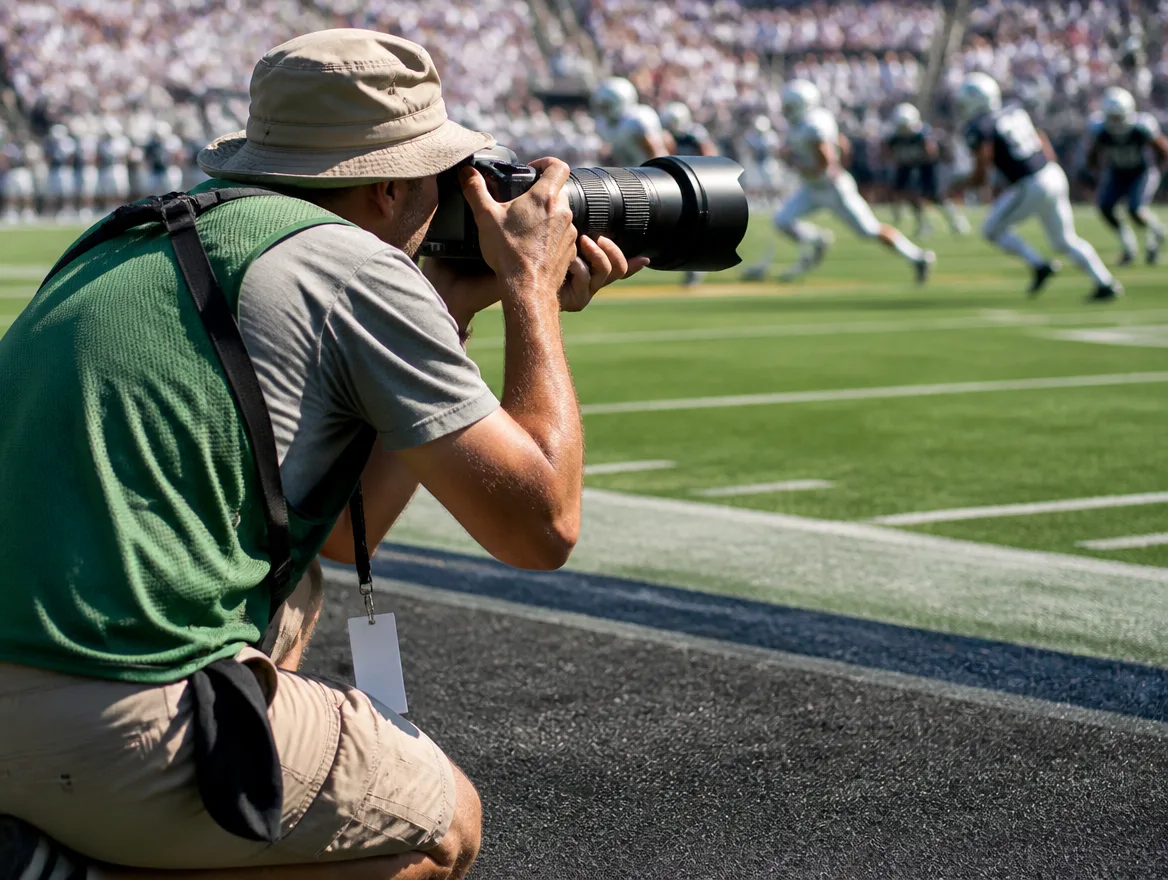 Sports photographer with a telephoto lens capturing action at a stadium