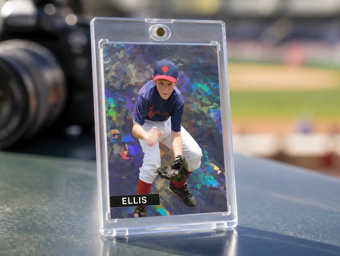 Custom action-photo sports card displayed in a magnetic case