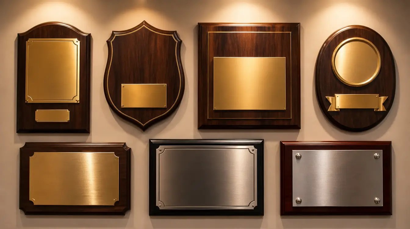 Blank wooden and metal sports plaques mounted on a wall
