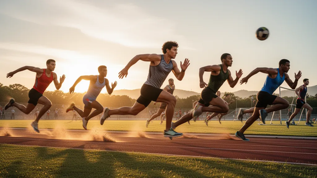 Multiple athletes competing simultaneously across different sports in outdoor natural lighting with dynamic motion and energy