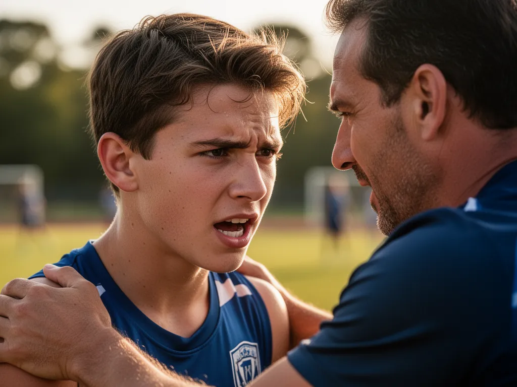 Young athlete sharing intense focused moment with coach showing determination and athletic mentorship connection