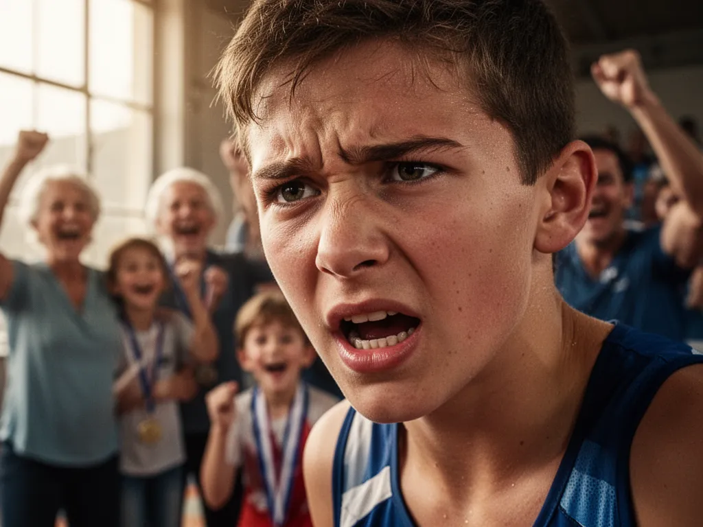 Young athlete's focused expression during competition with supportive family members visible in soft-focused background
