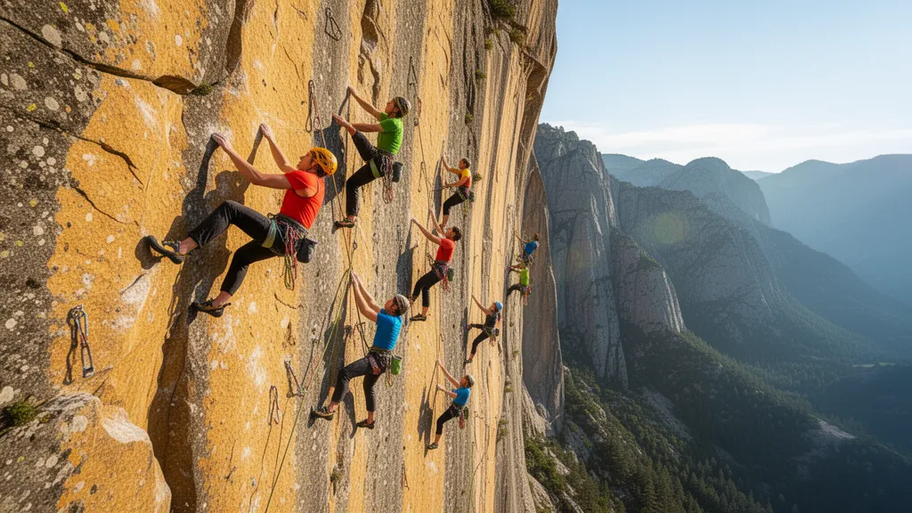 Rock climbers in motion ascending a sunlit cliff face during competitive climbing event.