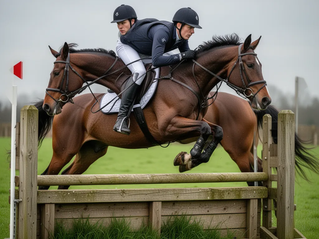 Professional equestrian and horse executing perfect jump over wooden obstacle during competition.