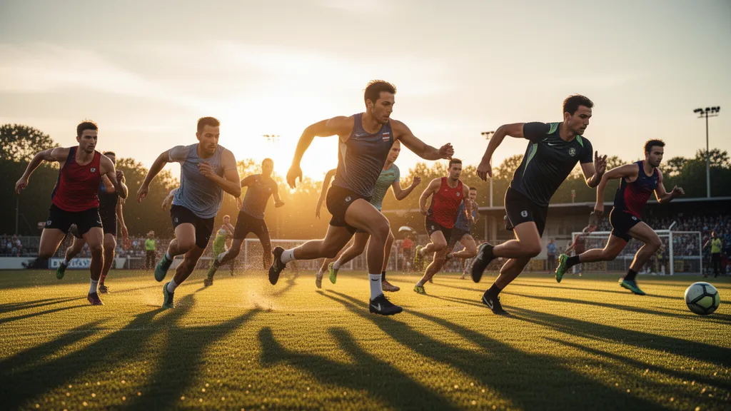 Multiple athletes competing in dynamic outdoor action during golden hour lighting