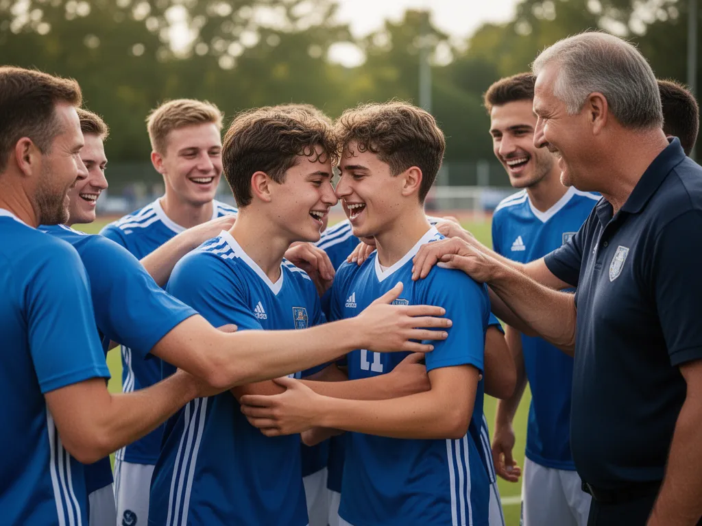 Young athlete celebrating victory with smiling coaches and teammates in outdoor setting