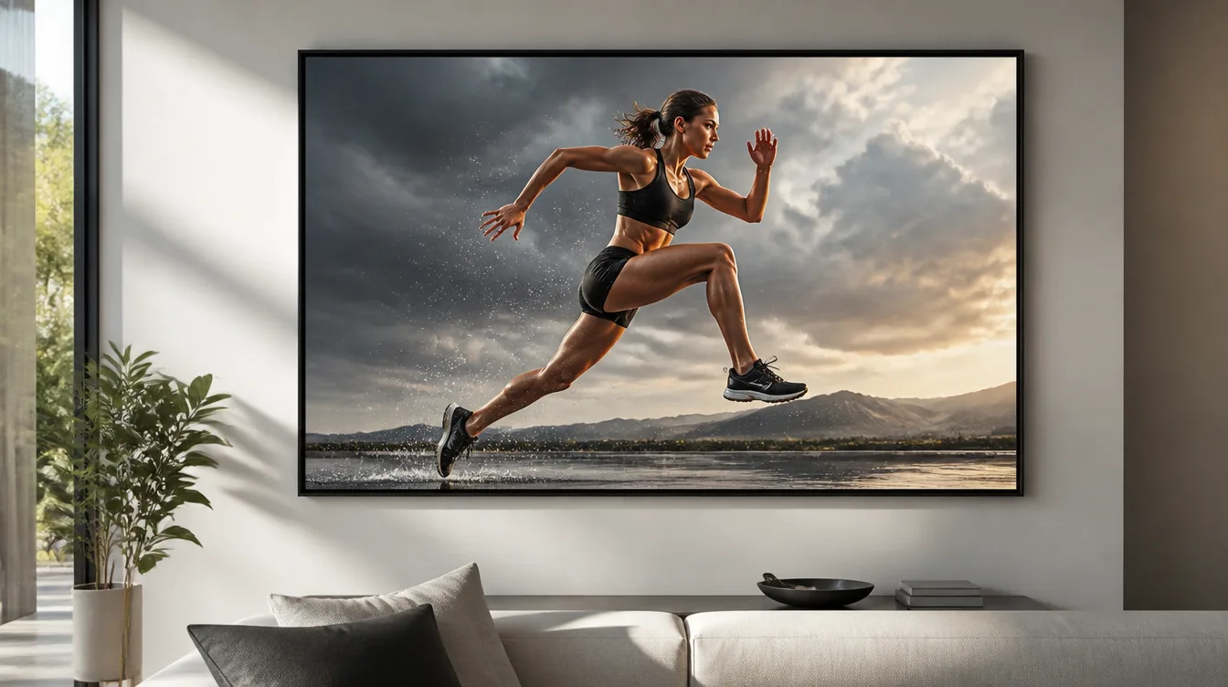 Large framed sports poster of action photography hung on a wall