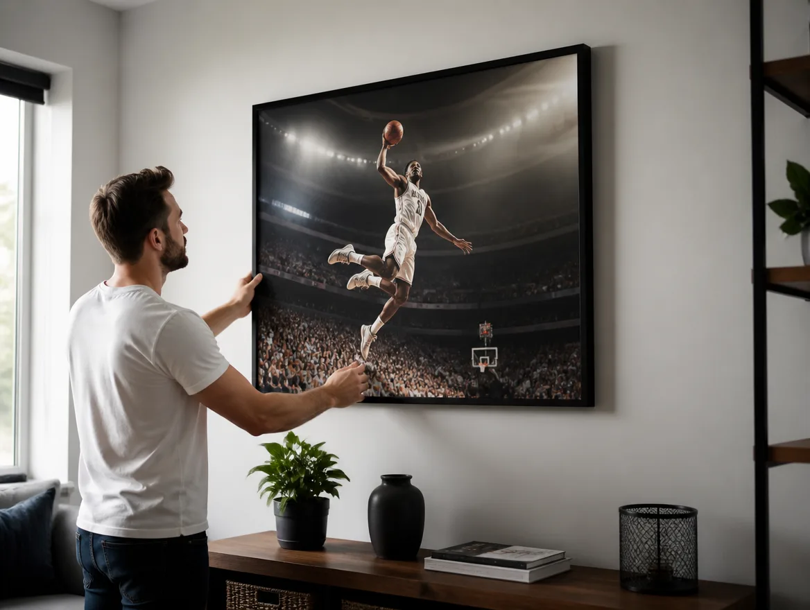 Person hanging a framed sports poster on a living room wall