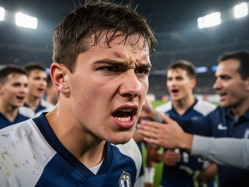 Young athlete's focused face showing determination with supportive teammates blurred in background