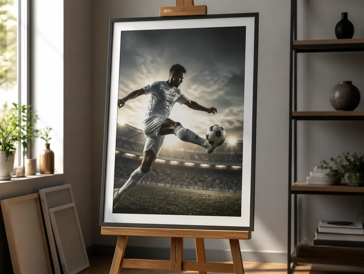 Sports action poster displayed upright on a wooden easel