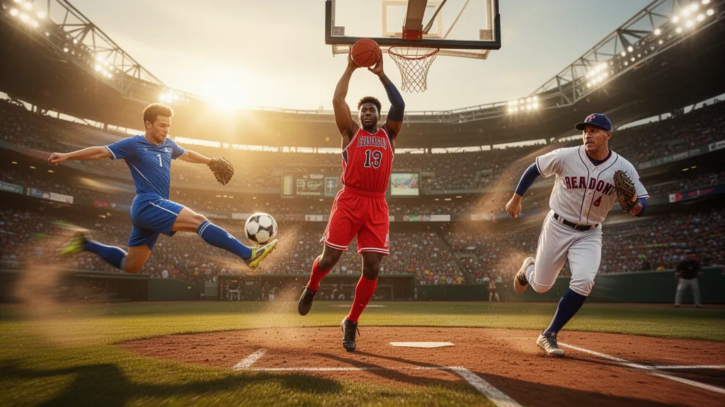 Multiple athletes competing in different sports captured in dynamic mid-action moments with natural outdoor lighting