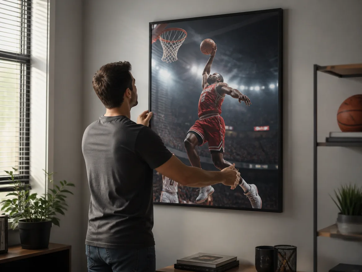 Person hanging a framed premium sports poster on a wall