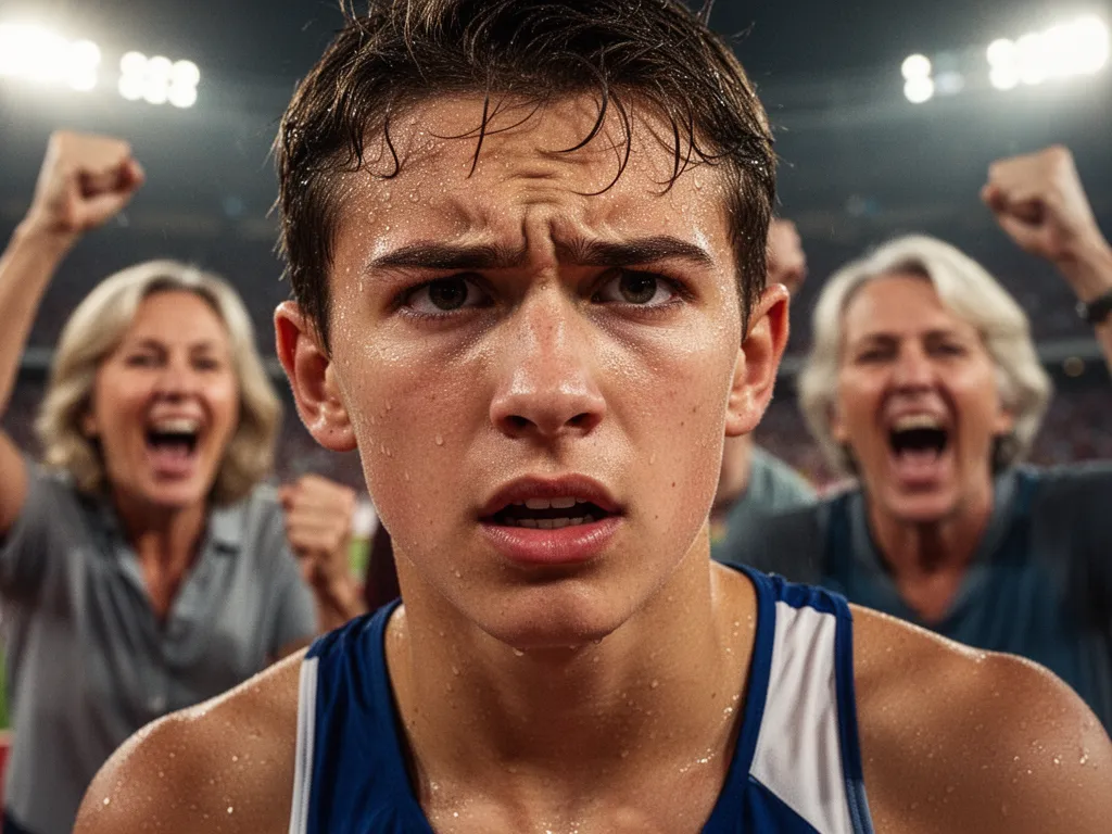Young athlete's focused expression during competition with proud parents celebrating emotionally in soft-focus background