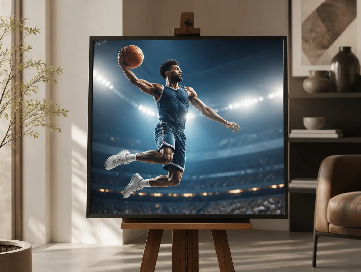 One of several premium sports posters displayed upright on an easel
