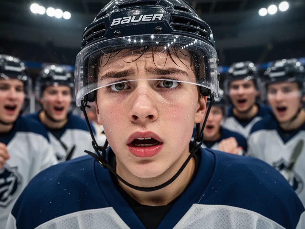 Young hockey player showing determination and focus during competitive play with teammates nearby