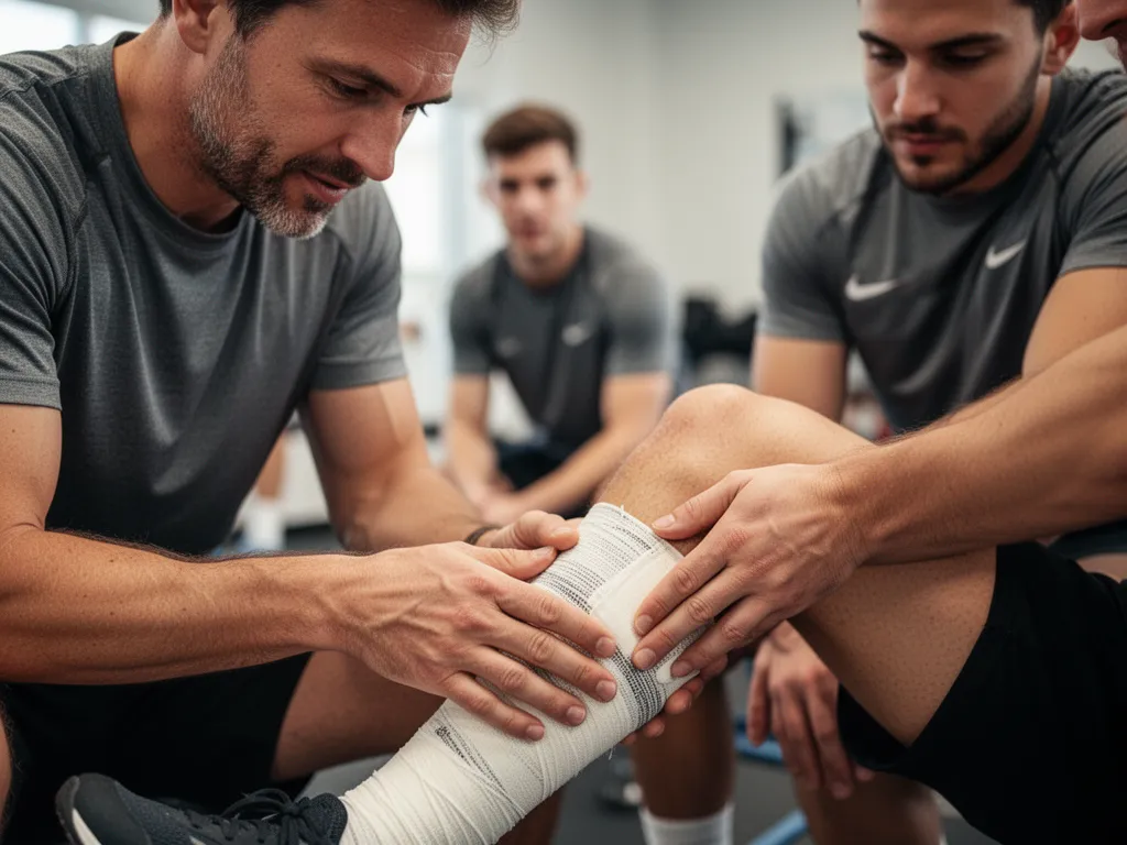 Coach carefully wrapping athlete's leg with compression bandage during sports recovery treatment session