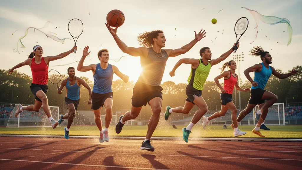 [Multiple athletes engaged in various sports activities outdoors during dynamic golden hour lighting]