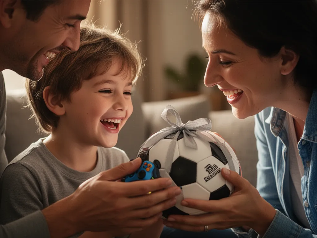 Parent giving sports gift to happy child, capturing genuine joy and emotional connection moment