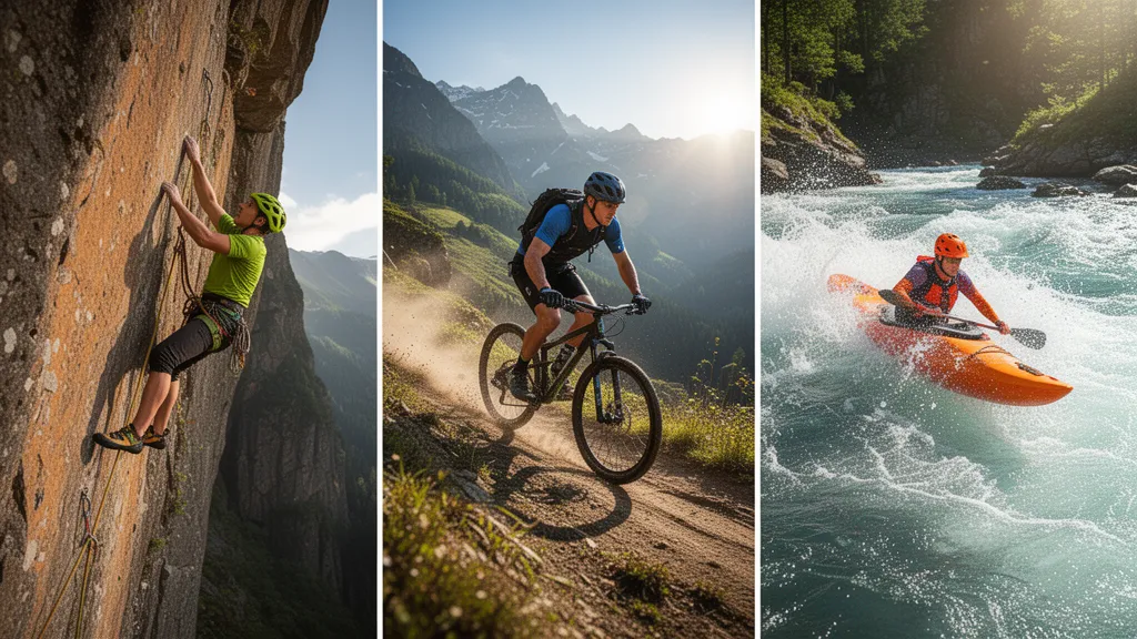 Multiple athletes in action across different sports including climbing, cycling, and kayaking in outdoor settings.