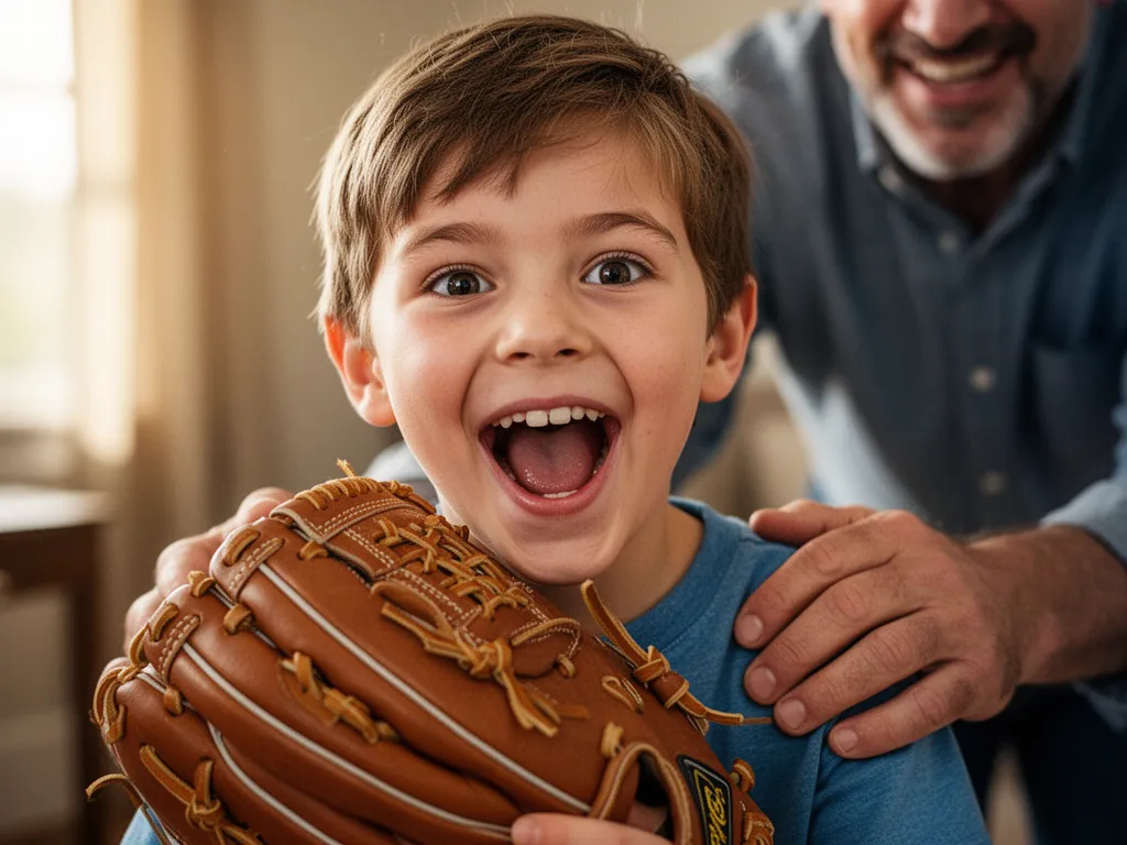 Young boy smiling with pride while holding new baseball glove with father's supportive hand visible