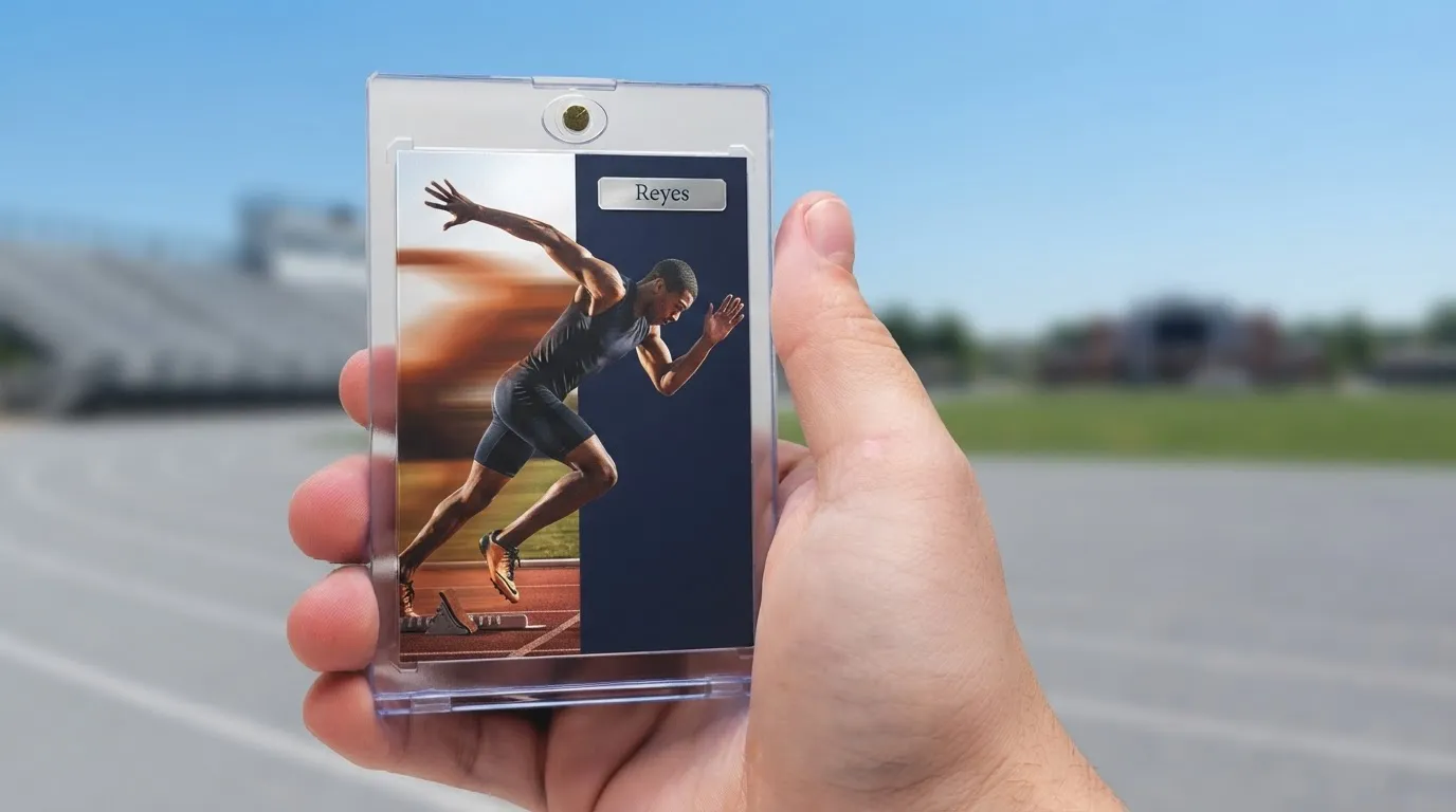 Hand holding magnetic case with sports related gifts for guys trading card outdoors on sunny field.