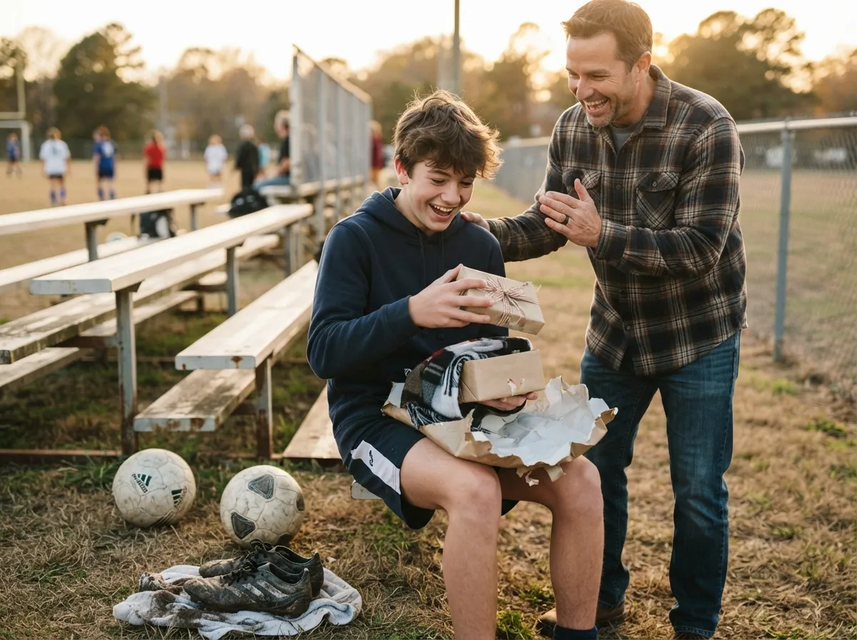 Father and son sharing joyful surprise gift moment on sunny sports field together.