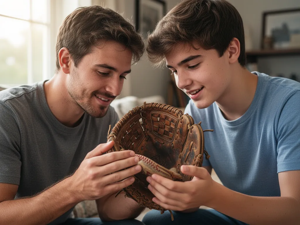 Father and son bonding while looking at baseball glove with genuine connection