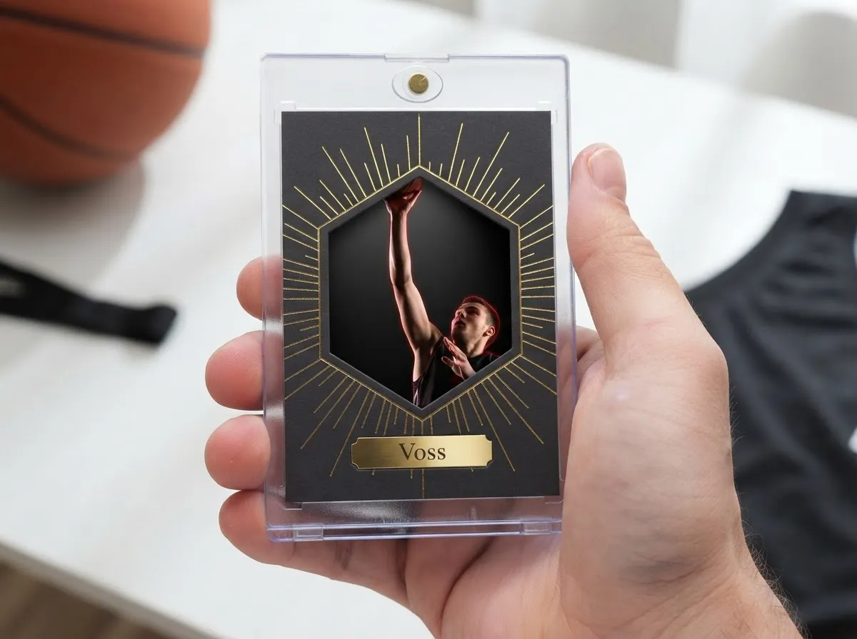 Custom sports trading card in magnetic case showing gold foil basketball design close-up.