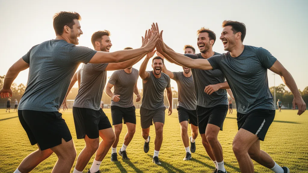 Group of male athletes in sportswear celebrating outdoors with high-fives and laughter in dynamic motion