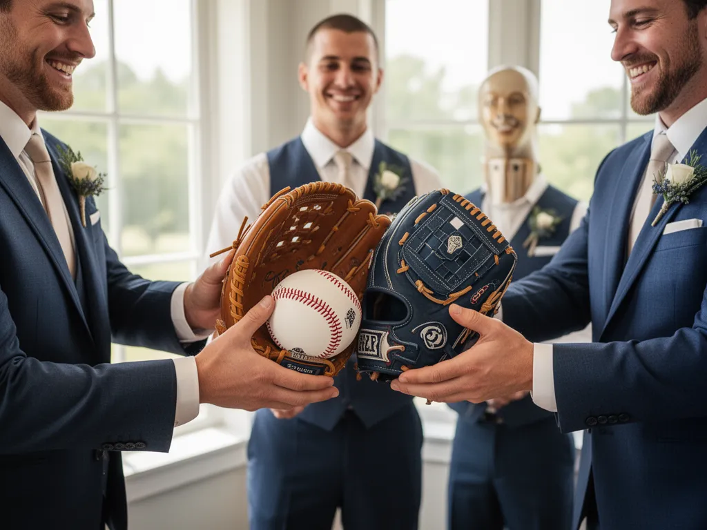 Groomsmen's hands exchanging personalized sports equipment gifts with genuine smiles and emotional connection visible