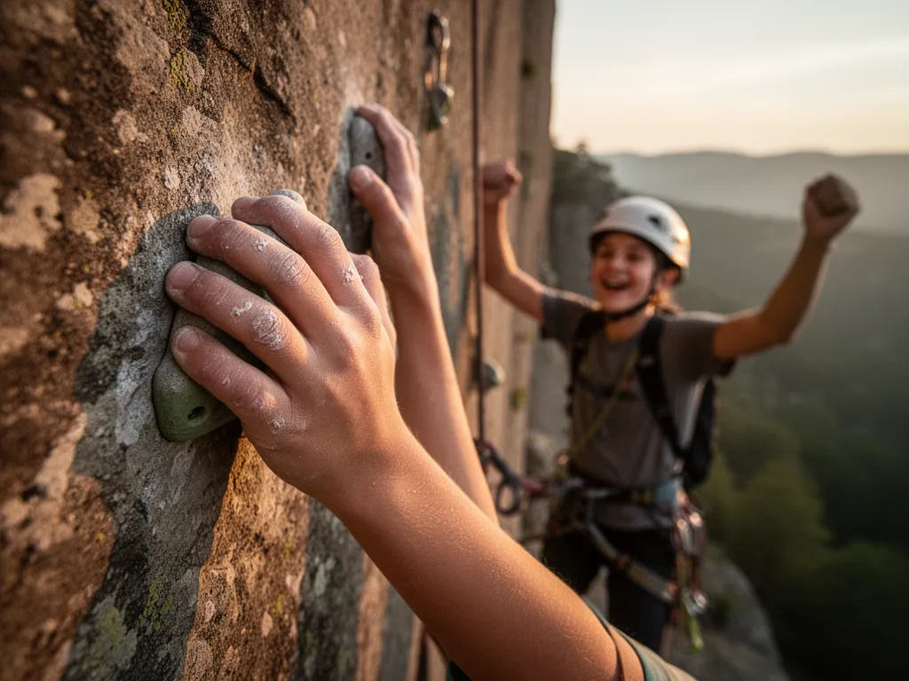 [Close-up of climber's hands on rock holds with supportive teammate visible in background moment]