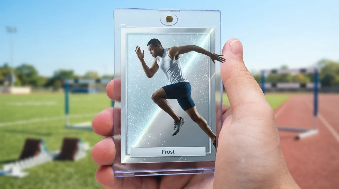 Hand holding magnetic case with icy blue-silver sports resume examples trading card of sprinter.